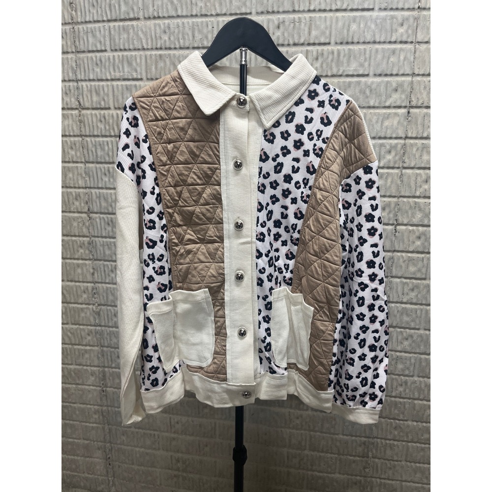 Patchwork Leopard Print Quilted Jacket Women Size M Collar‎ Button Front Pockets
